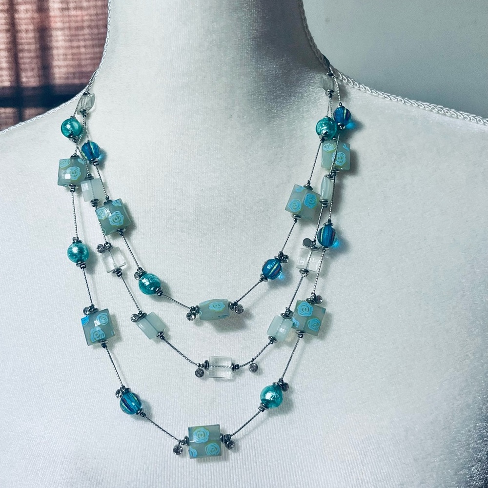 Turquoise, Green And Clear Beads 22" 3 Strand Necklace with matching Earrings